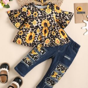 Sunflower Print Set for Baby Girls: Flounce Sleeve Tee, Patched Jeans & Headband | Adorable 3-Piece Outfit for Trendy Toddler Style