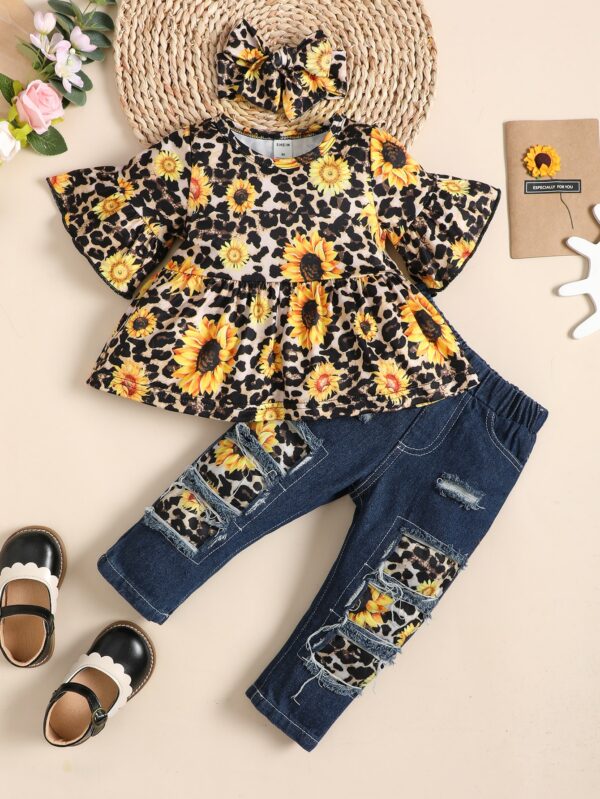 Sunflower Print Set for Baby Girls: Flounce Sleeve Tee, Patched Jeans & Headband | Adorable 3-Piece Outfit for Trendy Toddler Style