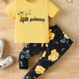 Adorable Baby Girl Floral and Letter Graphic Tee with Cozy Leggings Set for Playful and Stylish Outfits