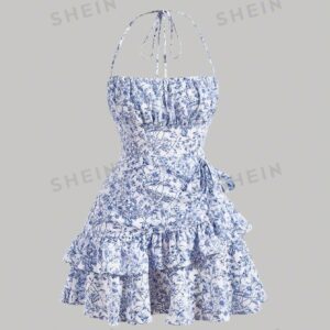 Women's Floral Halter Mini Dress: Ruched Bust Summer Flair | Backless Ruffle Charm for Beach Parties and Daytime Events