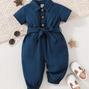 Belted Solid Color Jumpsuit for Baby Girls: Summer Casual Chic | Slanted Pocket Style for Trendy Toddler Comfort