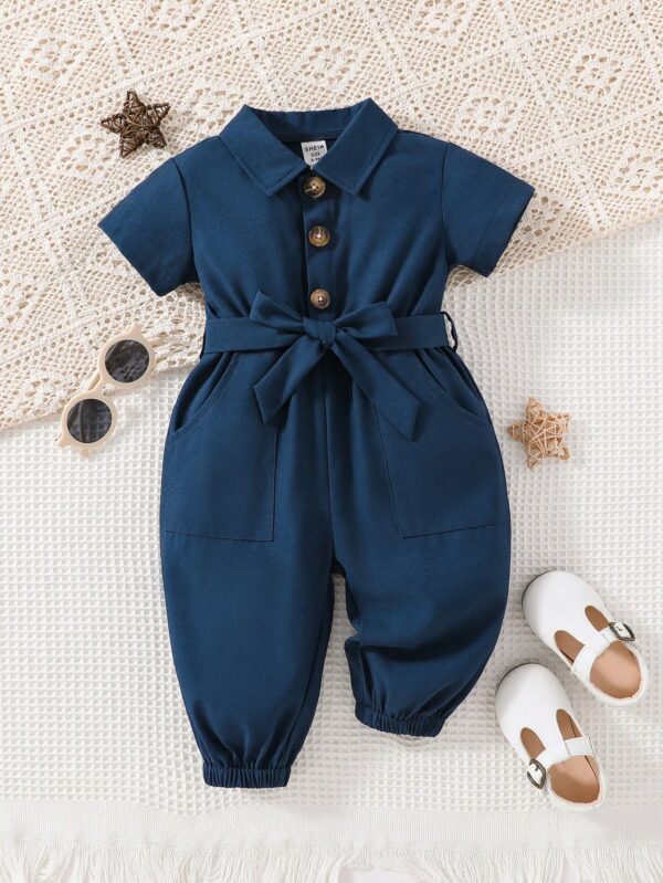 Belted Solid Color Jumpsuit for Baby Girls: Summer Casual Chic | Slanted Pocket Style for Trendy Toddler Comfort