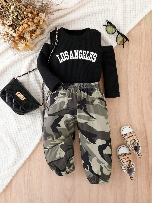 Letter Graphic Tee & Camo Pants Set for Baby Girls: Cold Shoulder Style | Trendy Two-Piece Outfit for Fashion-Forward Toddlers