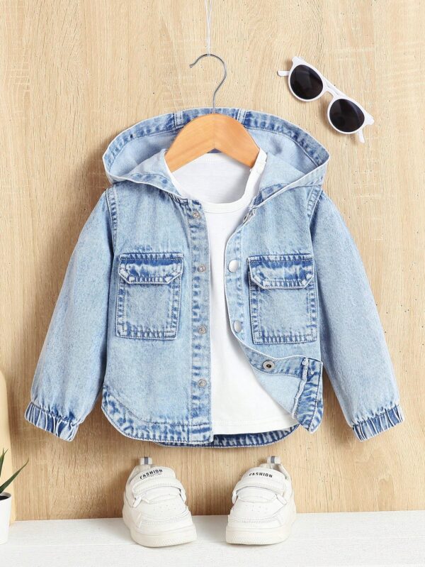 Hooded Denim Jacket for Baby Girls: Flap Pocket Style | Trendy Toddler Outerwear for Cool Weather Layering