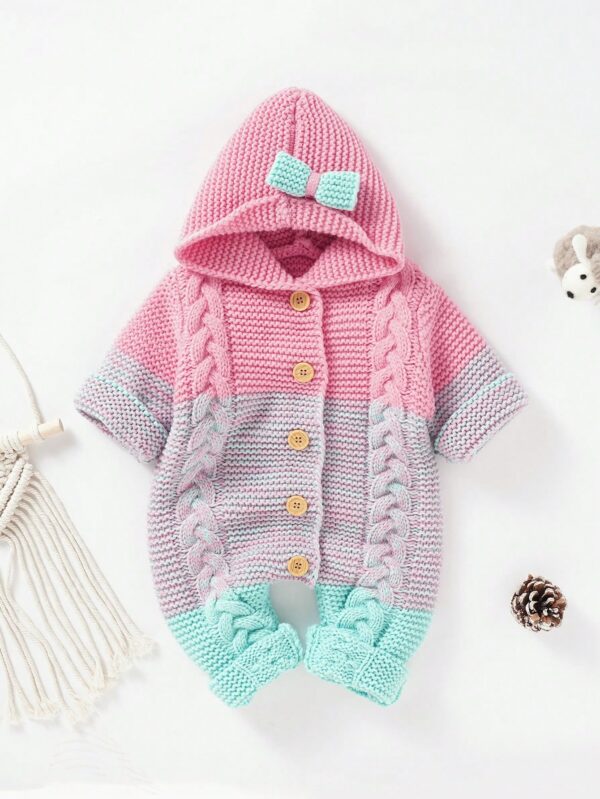 Colorblock Cable Knit Jumpsuit for Baby Girls: Bow Front Charm | Cozy One-Piece Outfit for Stylish Toddler Warmth