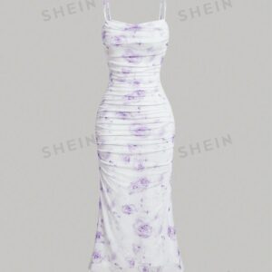 Women's Tie-Dye Fishtail Cami Dress: Purple Rose Summer Bloom | Ruched Floral Elegance for Beach to Dinner Date