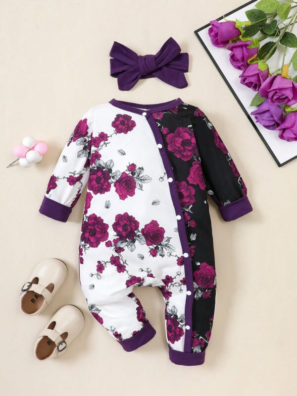 Floral Color Block Jumpsuit for Baby Girls: Casual Spring/Autumn Style | Charming One-Piece Outfit for Toddler Comfort and Cuteness