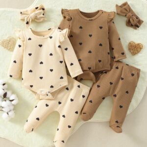 6-Piece Heart Print Set for Baby Girls: Long Sleeve Romper, Pants & Accessories | Cute Complete Outfit for Stylish Infant Fashion