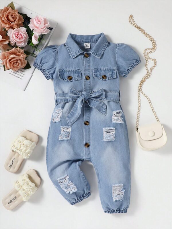 Puff Sleeve Denim Jumpsuit for Baby Girls: Trendy Ripped Style with Belt | Fashionable Toddler Outfit for Stylish Little Ones