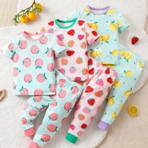 3-Piece Fruit Print PJ Set for Baby Girls: Snug Fit Homewear | Cute Short Sleeve Tops & Long Pants for Cozy Toddler Comfort