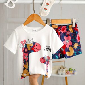 Sweet Baby Girl Summer Set - Cartoon Deer Printed Short Sleeve T-Shirt and Matching Shorts for Cool Comfort