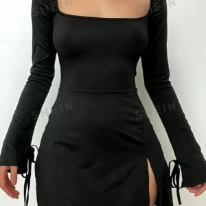 Women's Long-Sleeve Bodycon Dress: EZwear Solid Elegance | Slit Hem Style for Day-to-Night Sophistication