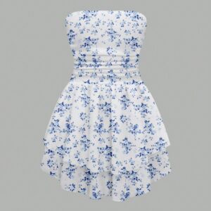 Women's Strapless Floral Summer Dress: Ditsy Print Charm | Ruched Waist Elegance for Warm Weather Occasions