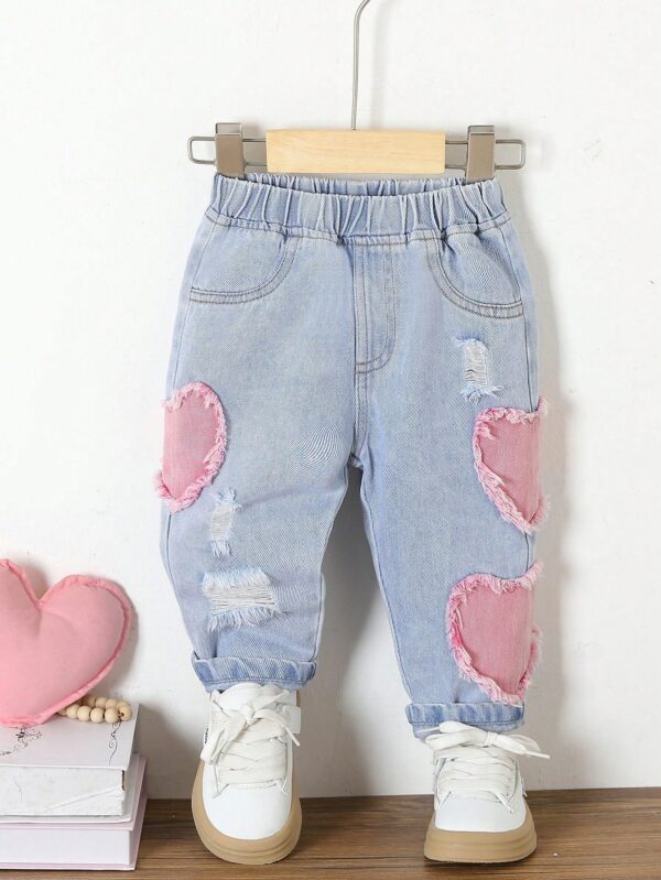 Light Wash Ripped Jeans for Baby Girls: Pink Heart Patch Charm | Comfy Elastic Waist Denim for Casual Toddler Style