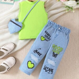 3-Piece Denim-Look Summer Set for Baby Girls: Green Outfit with Heart Bag | Cool Casual Style for Trendy Toddler Fashion