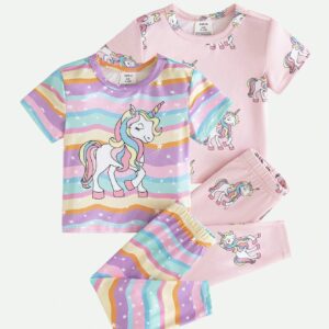 Charming 4-Piece Baby Girl Pajama Set with Snug Fit Unicorn Print - Short Sleeve Top and Long Pants for Sweet Dreams and Cozy Nights