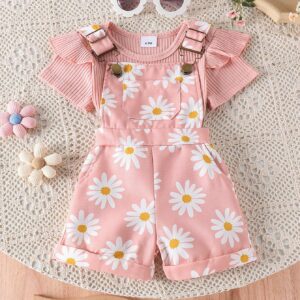 2-Piece Ruffle Bodysuit & Floral Overalls Set for Baby Girls: Cute Summer Style | Adorable Outfit Combo for Fashionable Toddlers