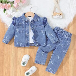 Bow Print Denim Set for Baby Girls: Ruffle Jacket & Paperbag Waist Jeans | Trendy Two-Piece Outfit for Stylish Toddlers