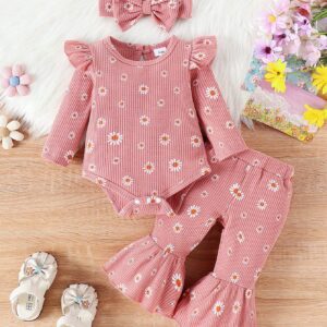 Adorable 2-Piece Baby Girls Printed Long Sleeve Bodysuit and Flared Pants Set - Perfectly Lightweight for Spring and Autumn Fashion