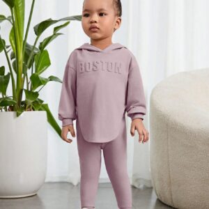 Stylish Baby Girl Casual Grey-Green Embossed Hooded Long Sleeve Top and Tight Pants Set - Perfect for Comfortable Everyday Wear