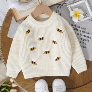 Beige Bee Design Sweater for Baby Girls: Casual Long Sleeve Pullover | Cozy Toddler Knitwear for Adorable Winter Style