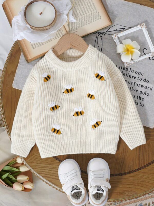 Beige Bee Design Sweater for Baby Girls: Casual Long Sleeve Pullover | Cozy Toddler Knitwear for Adorable Winter Style