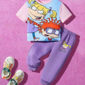 2-Piece Cartoon Print Set for Baby Girls: Colorblock Tee & Sweatpants | Cute Casual Outfit for Playful Toddler Style