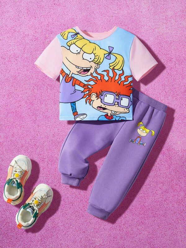 2-Piece Cartoon Print Set for Baby Girls: Colorblock Tee & Sweatpants | Cute Casual Outfit for Playful Toddler Style