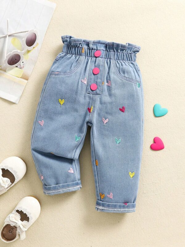 New Asymmetrical Heart Embroidered Casual Daily Versatile Denim Pants For Baby GirlsAsymmetrical Heart Denim Pants for Baby Girls: Embroidered Casual Style | Versatile Daily Jeans for Trendy Toddler Fashion