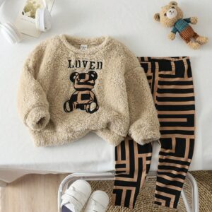 Adorable Furry Cartoon Pattern Long Sleeve Top and Geometric Print Thick Fleece Pants Set for Baby Girl - Perfect for Cozy Autumn and Winter Wear