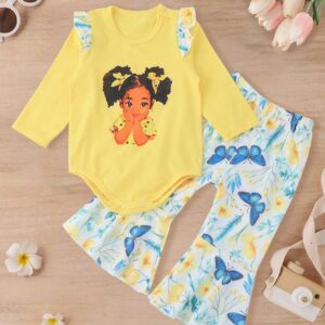 Adorable 2-Piece Baby Girls Cartoon Curly Girl Print Long Sleeve Bodysuit and Flare Pants Outfit - Stylish European Look for Spring and Summer