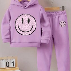 Adorable 2pcs/Set for Baby Girl Featuring a Cute Smiling Face Printed Hoodie and Sweatpants Outfit - Perfect for Comfort and Playful Adventures Every Day