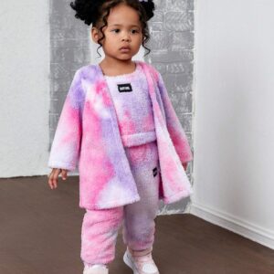 3-Piece Tie-Dye Winter Set for Baby Girls: Fuzzy Hooded Jacket, Vest & Pants | Pink & Purple Warm Outfit for Cozy Toddler Outings