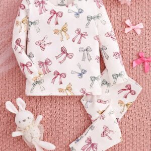 Bow Print Knit PJ Set for Baby Girls: Long Sleeve Top & Pants | 2-Piece Comfy Loungewear for Cute Toddler Relaxation