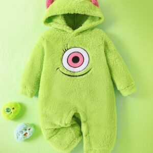 Adorable Baby Girl Lime Monster Embroidered Jumpsuit - Perfect for Autumn and Winter Cozy Adventures