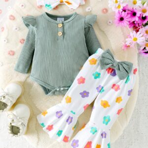 2pcs Set for Baby Girl: Adorable Long Sleeve Bodysuit with Floral Flared Pants, Perfect for Lightweight Spring and Autumn Wear