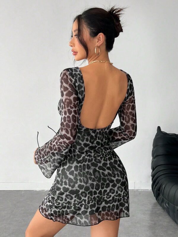 Women's Leopard Mesh Dress: Elegant Autumn Romance | Long-Sleeved Backless Glamour for Evening Soirées