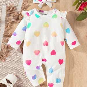 Adorable Baby Girl Heart Print Romper with Patchwork and Ruffle Trim - Long Sleeve Style for Autumn and Spring