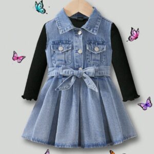 Blue Denim Shirt Dress for Baby Girls: Cute Lapel Sleeveless Style | Versatile Fall/Winter Outfit for Stylish Little Fashionistas