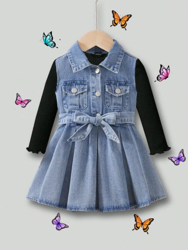 Blue Denim Shirt Dress for Baby Girls: Cute Lapel Sleeveless Style | Versatile Fall/Winter Outfit for Stylish Little Fashionistas