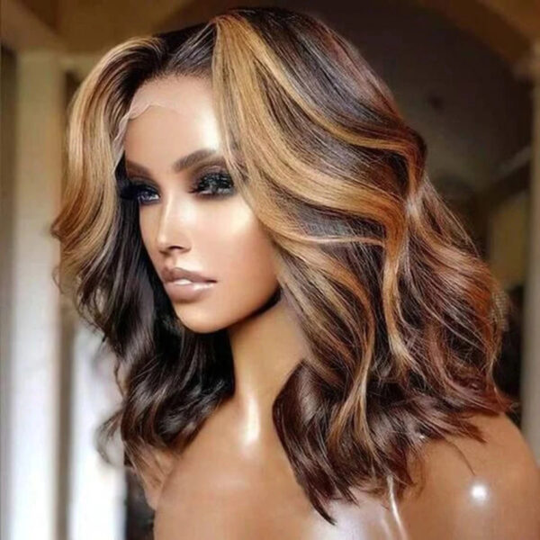 Highlight Ombre Bob Wig for Women: 4/27 Brown Body Wave | 13x4 HD Transparent Lace Front, Pre-Plucked for Natural-Looking Style