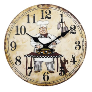 Vintage Chef and Dog Wooden Wall Clock Living Room Bedroom Kitchen Home Decor Wall Clock Silent Quartz Clock Holiday Gift 10inch 12inch 14inch 16inch (No Battery)