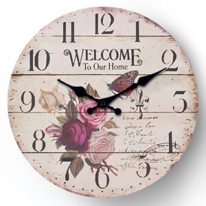 Vintage Flower Butterfly "Welcome To Our Home" Pattern Wooden Wall Clock Living Room Bedroom Kitchen Home Decor Wall Clock Silent Quartz Clock Holiday Gift 10inch 12inch 14inch 16inch (No Battery)