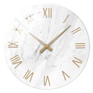 1pc 12 inch tempered glass wall clock, modern simple white marble texture gold Roman numerals design wall clock, home mute clock