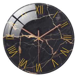 1pc 12 inch tempered glass wall clock, modern simple black marble texture gold Roman numerals design wall clock, home mute clock